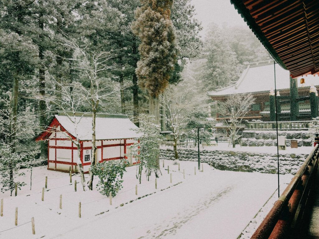Snow-covered temple and traditional buildings,nikko