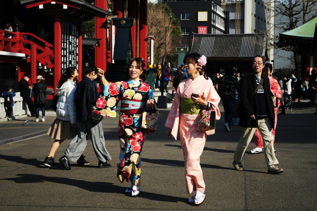 Traveler wearing a kimono outdoors in cool weather