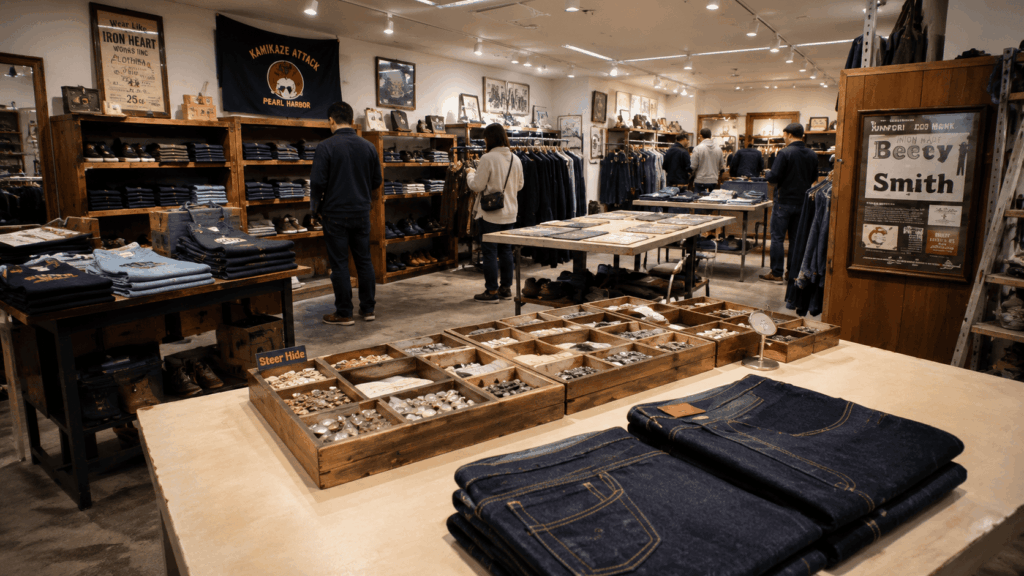 Betty Smith Ebisu workshop interior showing denim customization station with hardware trays and pressing machine