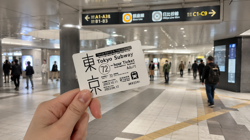Tokyo subway ticket gates and travelers comparing Suica with the Tokyo Subway Ticket