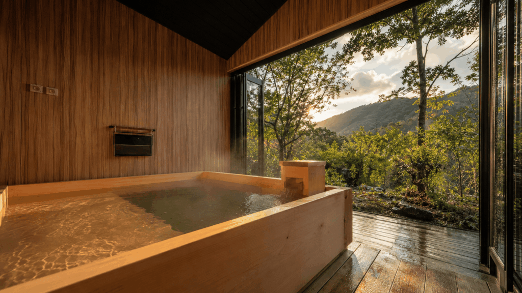 Private natural hot-spring bath at Bettei Fujiya near Hiroshima