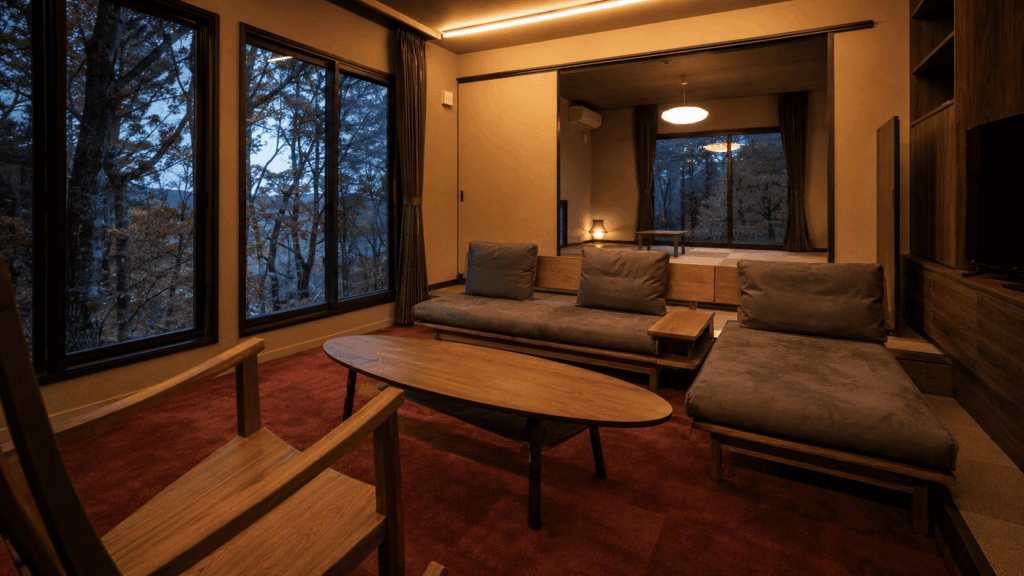 Living area inside a Bettei Fujiya private villa