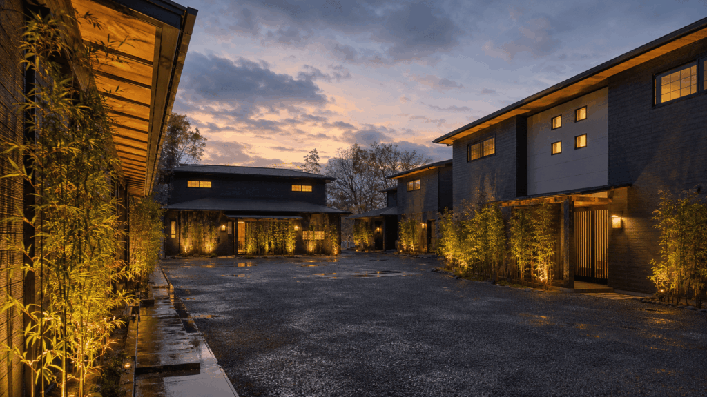 Exterior of Bettei Fujiya at dusk near Miyahama Onsen