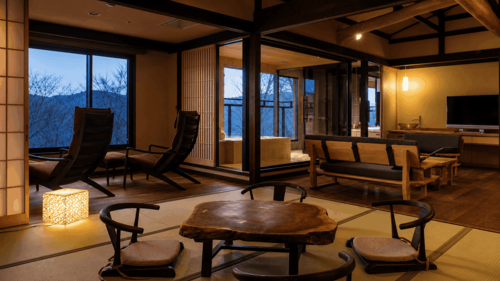 Ryokan interior and mountain setting at Gora Hanaougi