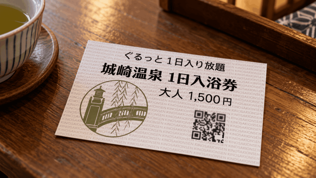Kinosaki Onsen one-day bath pass on a wooden table beside a cup of green tea