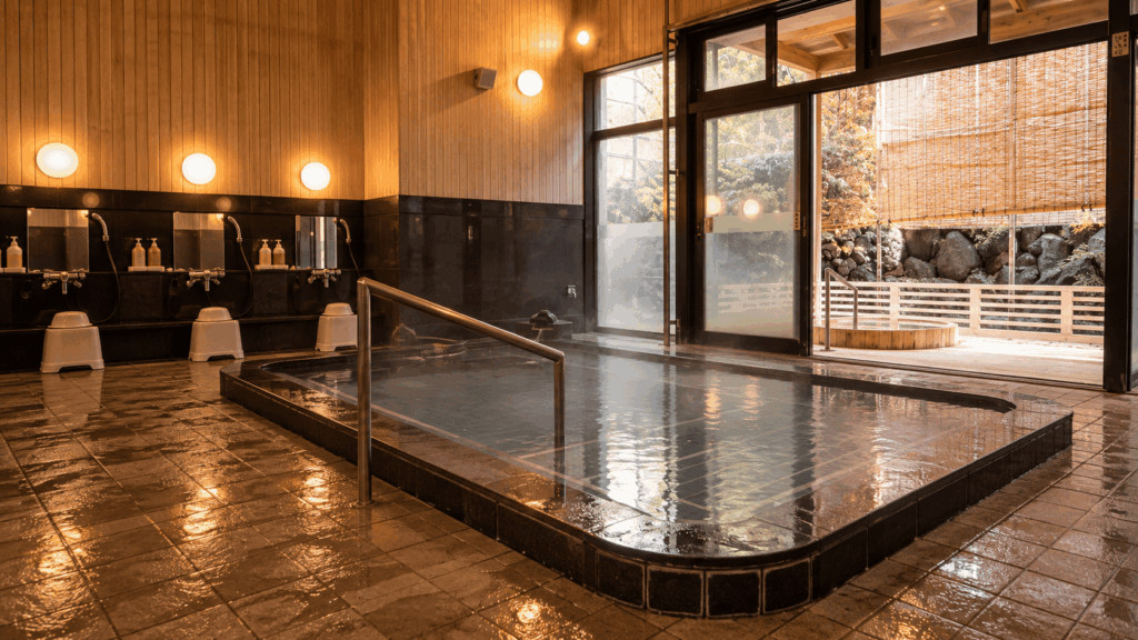 Traditional wooden indoor bath at Mandara-yu public hot spring in Kinosaki Onsen