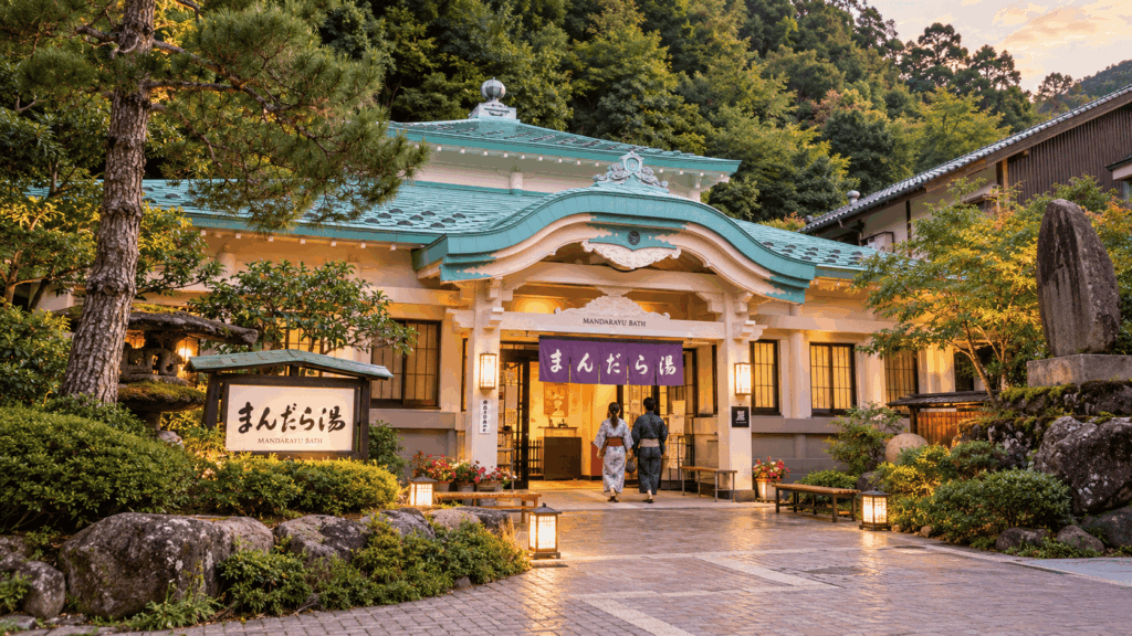 Mandara-yu public bath entrance surrounded by greenery in Kinosaki Onsen