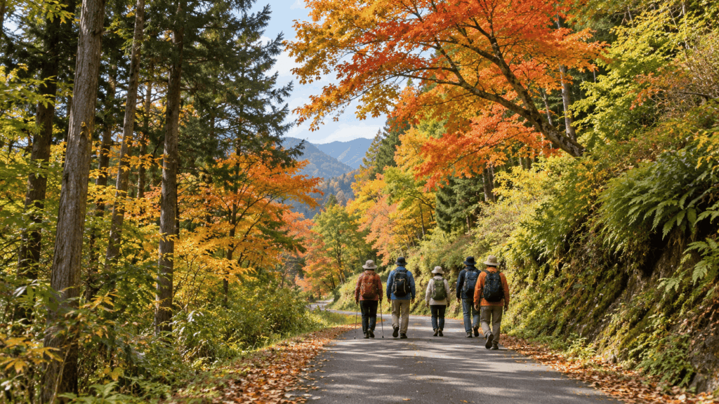 Hikers walking the Nakasendo through colorful autumn forest in the Kiso Valley