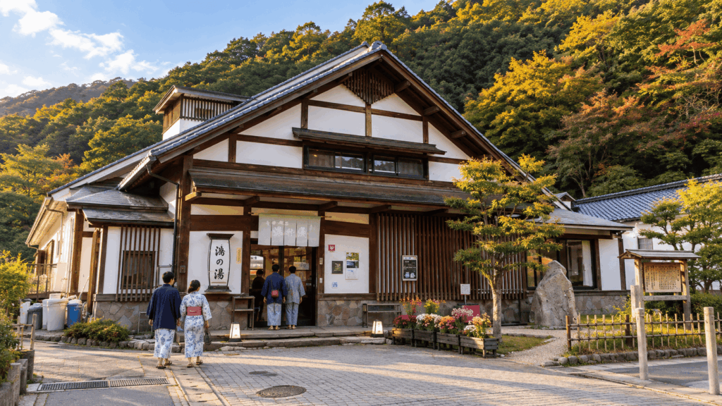 Traditional exterior of Kono-yu public bath in Kinosaki Onsen