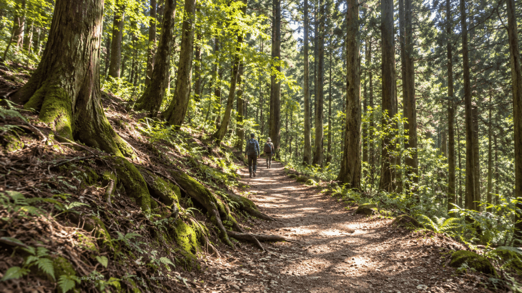 Hikers walking through cedar forest on the Nakasendo near Tsumago-juku