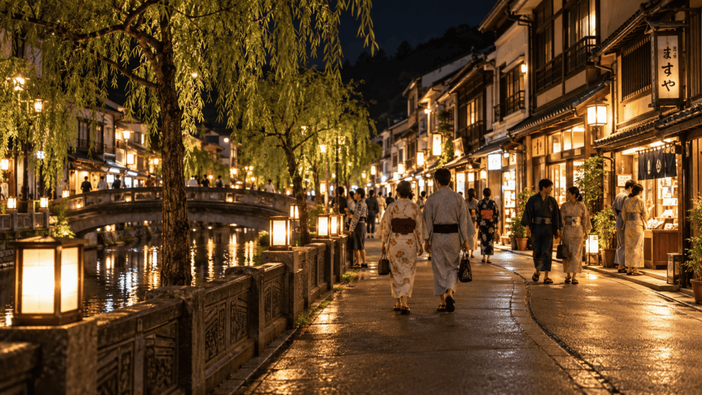 Yukata-clad visitors walking beside the canal in Kinosaki Onsen at night