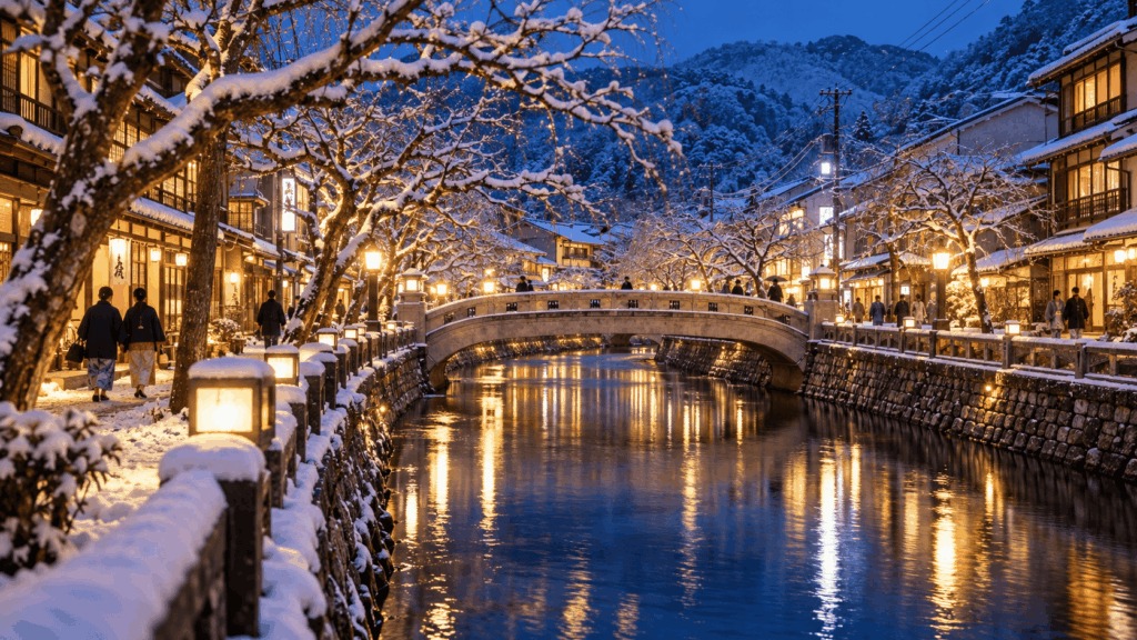 Snow-covered canal and illuminated bridges in Kinosaki Onsen at night