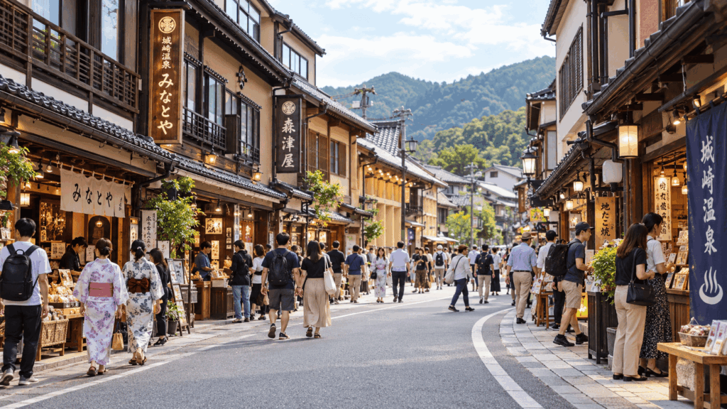 Visitors walking along a busy shopping street in Kinosaki Onsen during the day
