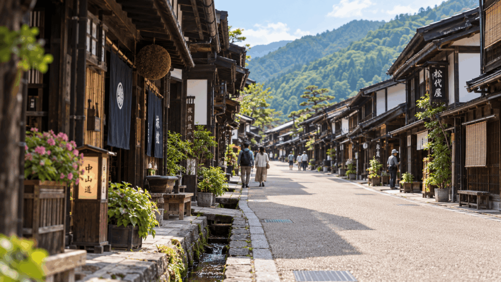 Traditional wooden buildings lining the historic main street of Narai-juku on the Nakasendo