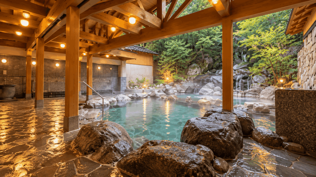 Open-air rock bath at Goshono-yu public hot spring in Kinosaki Onsen