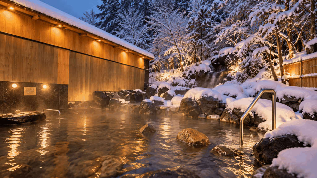 Snow-covered outdoor bath at Goshono-yu public hot spring in Kinosaki Onsen