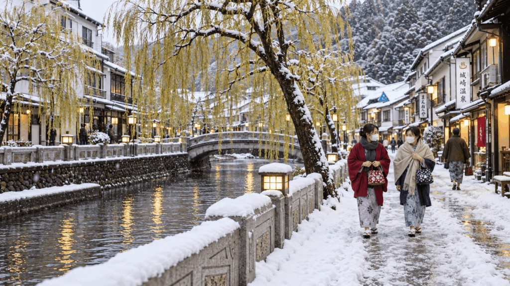 Yukata-clad visitors walking beside the snow-covered canal in Kinosaki Onsen