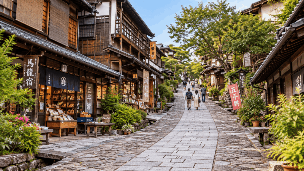 Historic uphill street of Magome-juku lined with traditional wooden buildings on the Nakasendo