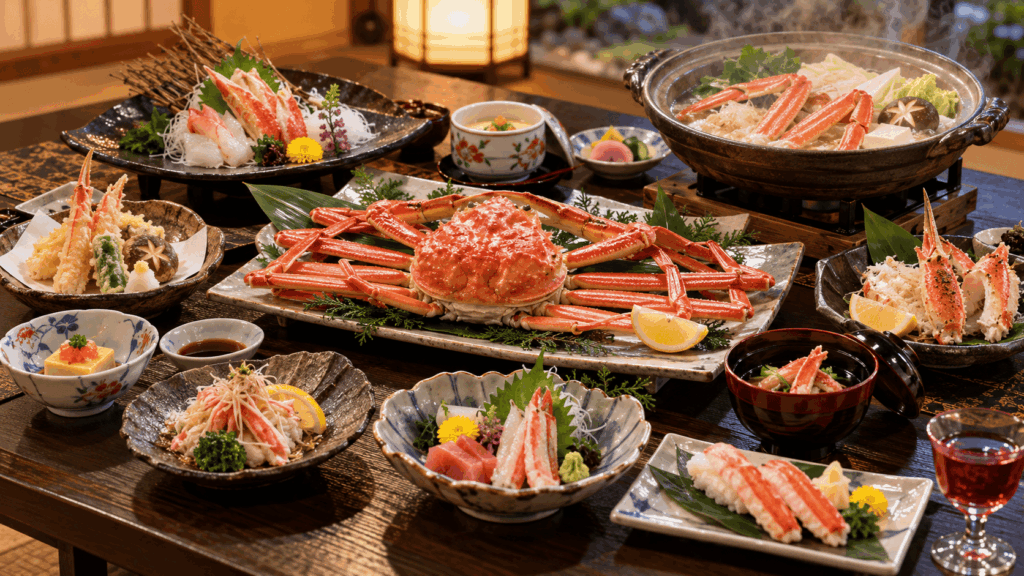 Japanese kaiseki meal featuring crab dishes served at a ryokan in Kinosaki Onsen