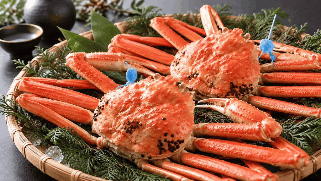 Two Matsuba crabs arranged on a bamboo tray for a Japanese winter meal