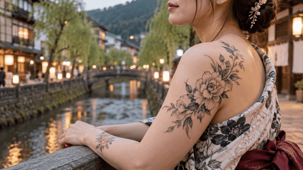 Tattooed visitor wearing a yukata beside the canal in Kinosaki Onsen