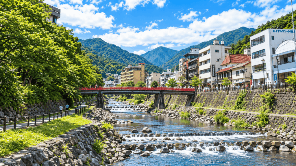 Hakone Yumoto hot spring town beside the Hayakawa River with green mountains