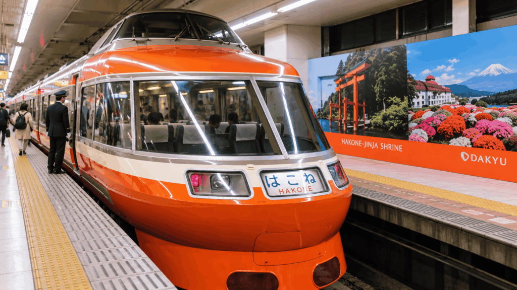 Odakyu Romancecar train at a station platform for travel to Hakone
