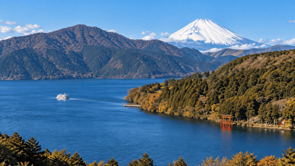 Lake Ashi with Mount Fuji and Hakone Shrine torii gate in the distance
