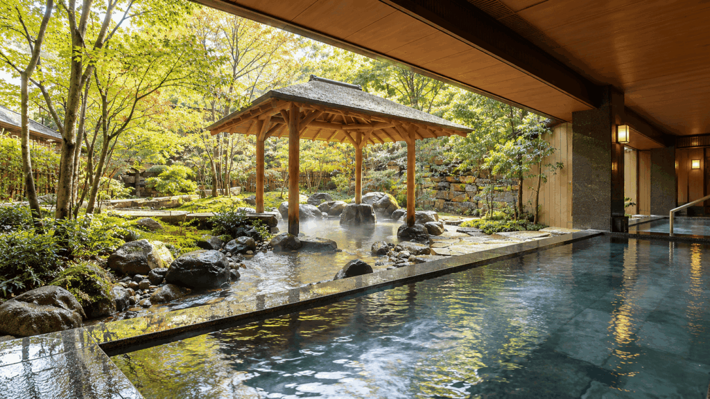 Open-air hot spring bath surrounded by a Japanese garden at Nishimuraya Hotel Shogetsutei