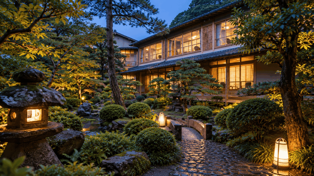 Nishimuraya Honkan ryokan and illuminated Japanese garden in Kinosaki Onsen at dusk