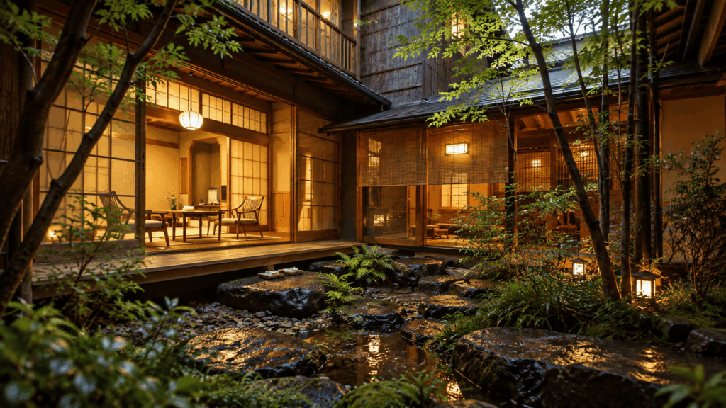 Traditional guest rooms overlooking a Japanese garden at Nishimuraya Honkan in Kinosaki Onsen