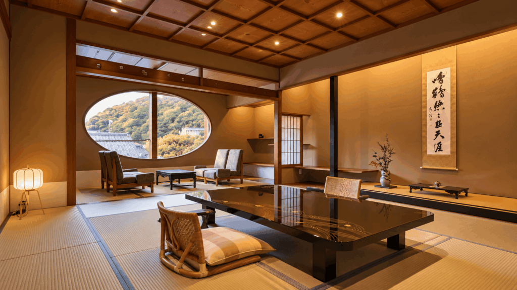 Spacious tatami guest room with round window at Nishimuraya Honkan in Kinosaki Onsen