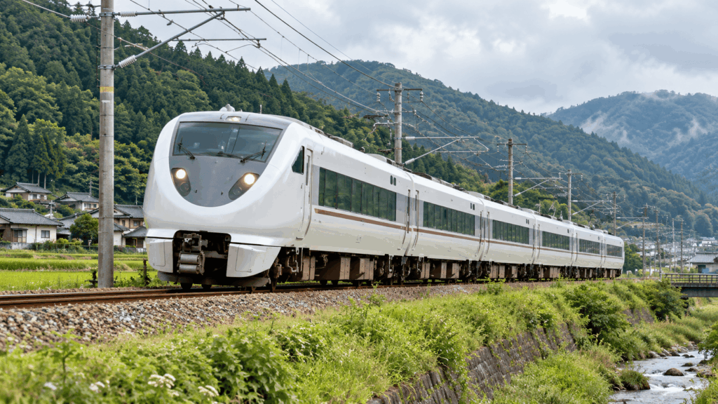 JR Limited Express Kounotori train traveling through the countryside toward Kinosaki Onsen