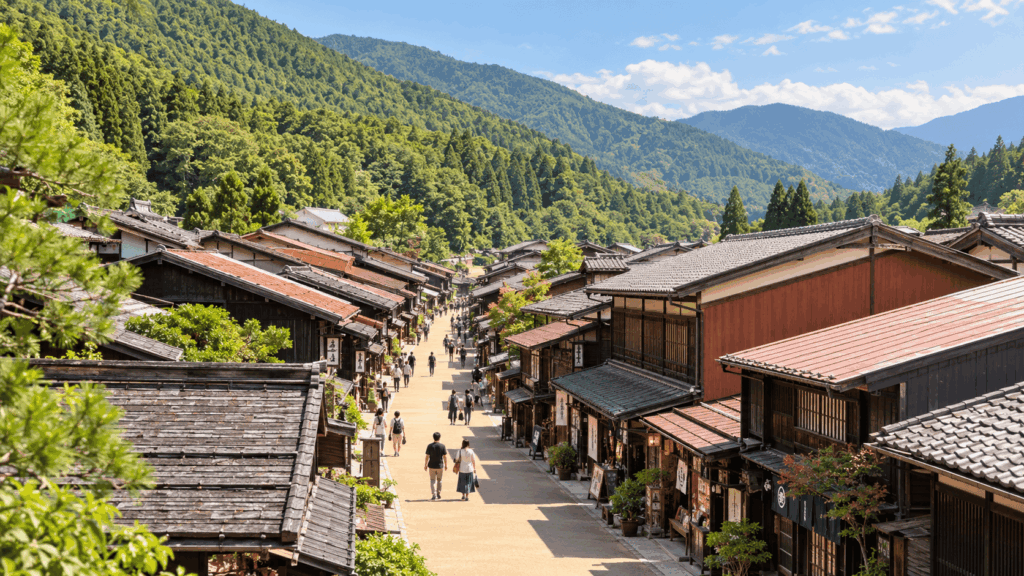 Historic wooden streetscape of Narai-juku surrounded by mountains in the Kiso Valley