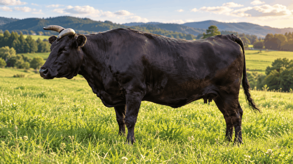 Tajima cattle grazing in a green pasture, associated with Kobe Beef production