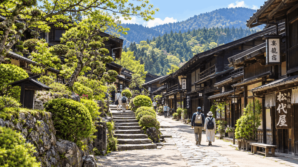 Visitors walking through the historic streets of Tsumago-juku in Nagano