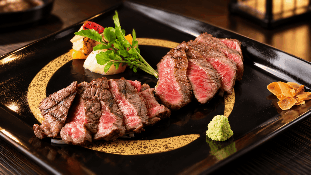 Tajima beef steak served with grilled vegetables at Irori Dining Mikuni in Kinosaki Onsen
