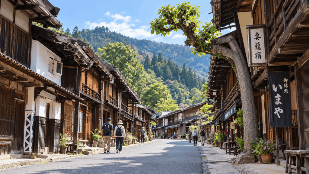 Historic wooden buildings lining the main street of Tsumago-juku on the Nakasendo