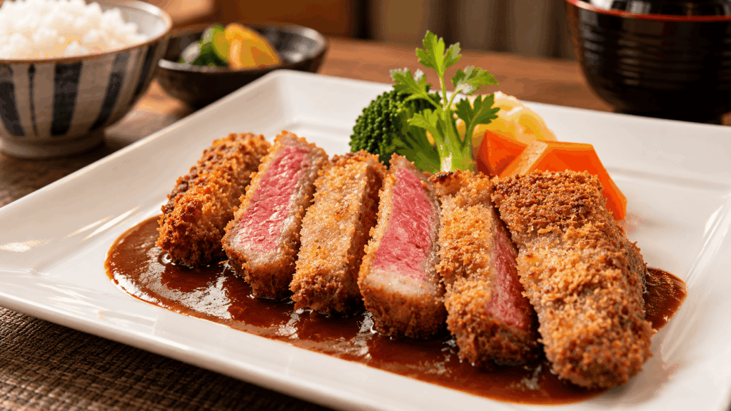 Tajima beef cutlet with pink center served at Irori Dining Mikuni in Kinosaki Onsen