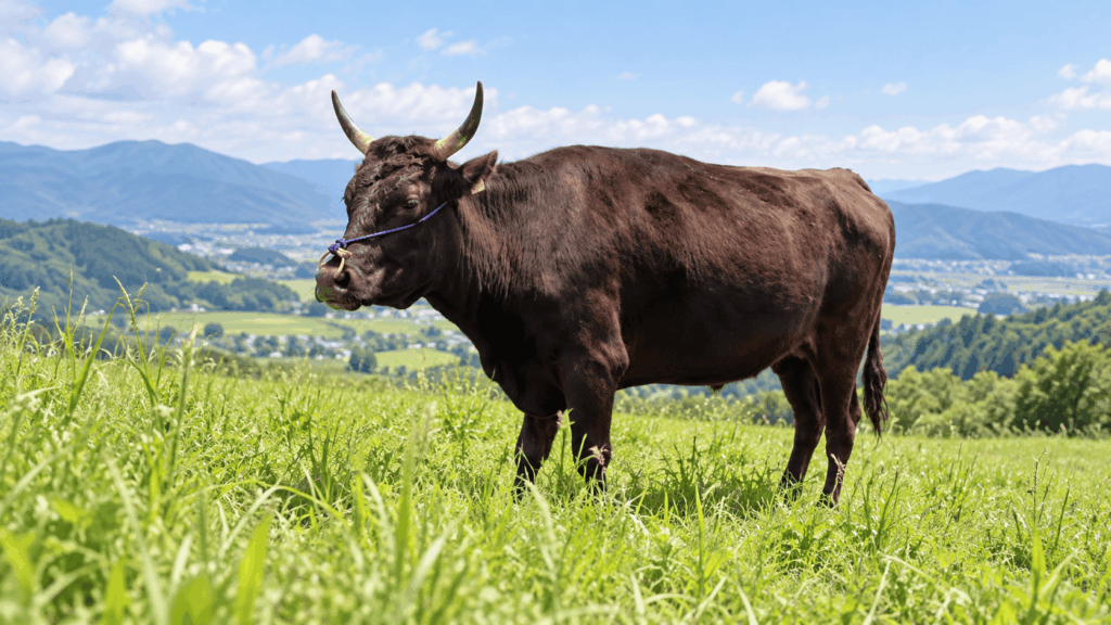 Tajima cattle standing in a green mountain pasture in Hyogo Prefecture