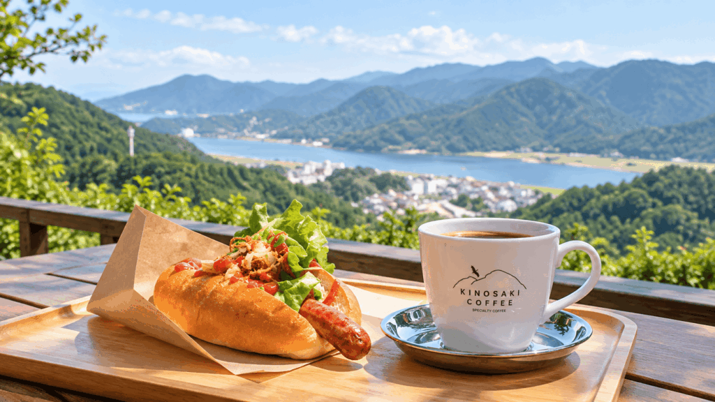 Hot dog and coffee at Mitarashi Terrace Cafe overlooking Kinosaki Onsen
