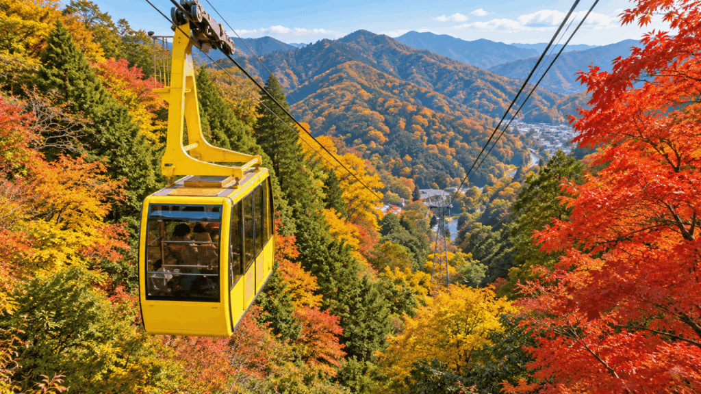 Kinosaki Onsen Ropeway gondola traveling through colorful autumn foliage
