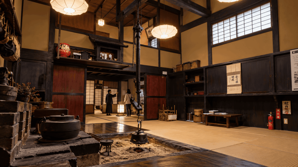 Traditional interior of the Nakamura Residence in Narai-juku with an irori hearth