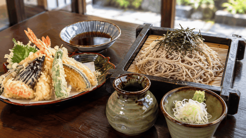 Zaru soba noodles with assorted tempura served in Narai-juku