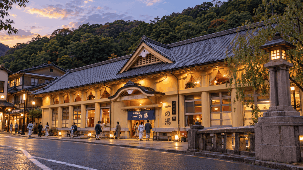 Ichino-yu public bath illuminated at dusk beside the canal in Kinosaki Onsen
