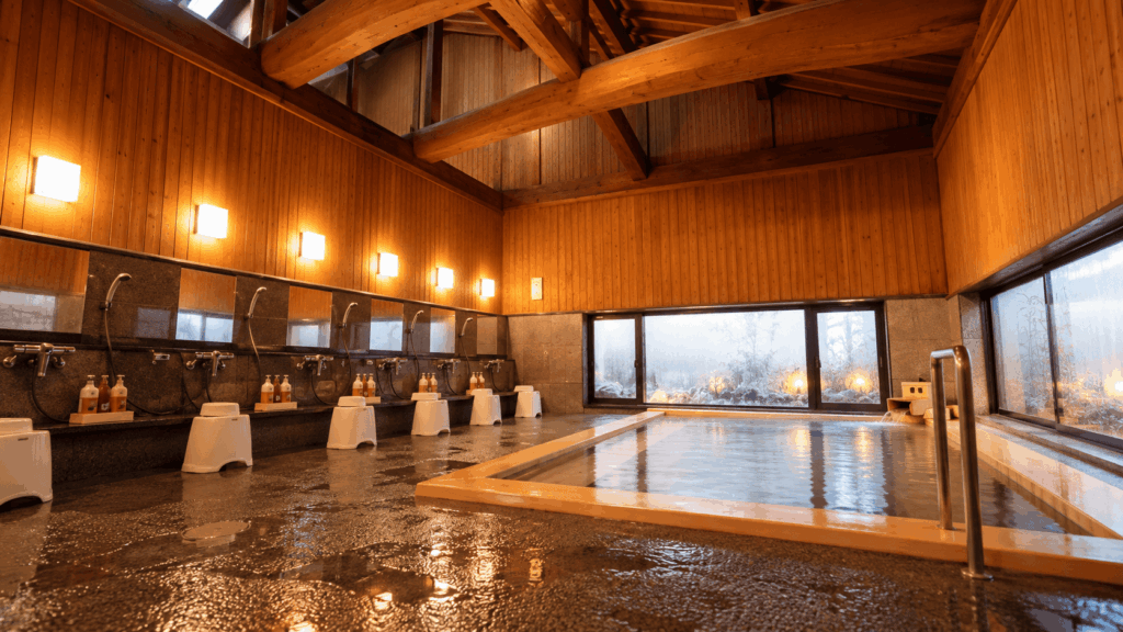 Wooden indoor bath at Yanagi-yu public hot spring in Kinosaki Onsen