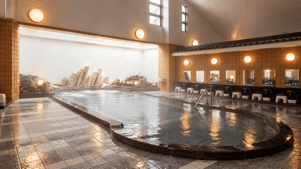 Spacious indoor bath at Jizo-yu public hot spring in Kinosaki Onsen