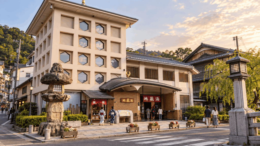 Jizo-yu public bath building at sunset in Kinosaki Onsen