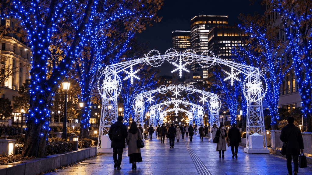 Visitors walking through blue and white winter illumination arches at the Osaka Hikari Renaissance festival in Nakanoshima