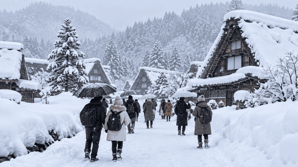 Tourists walking through heavy snow past traditional gassho-zukuri farmhouses in Shirakawa-go village during winter